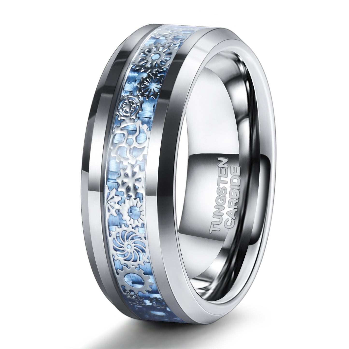 Wolframring mit blauer Kohlefaser-Einlage und Zahnraddesign