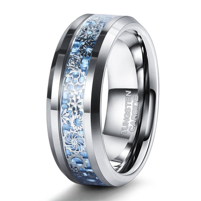 Wolframring mit blauer Kohlefaser-Einlage und Zahnraddesign