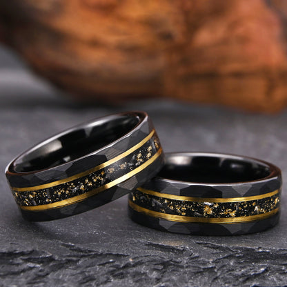 PIOWNN® 8mm Wolframcarbid Ring - Meteorit mit Goldfolie & Zirkonia