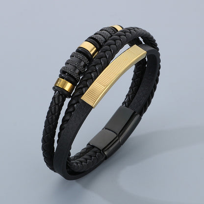 Men's titanium steel bracelet - multi-layer leather braid with curved stainless steel sheet and magnetic clasp