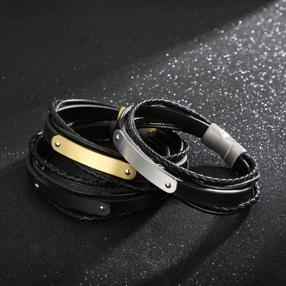 Multi-layered leather bracelet with stainless steel &amp; magnetic plate – hand-woven unique jewelry