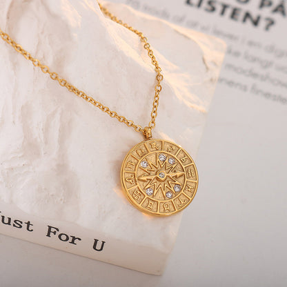 Retro medal pendant with zirconia &amp; relief dial – stainless steel chain in gold or silver