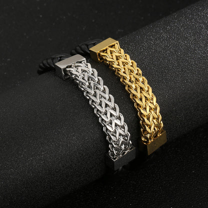 Double-row leather bracelet with titanium steel chain – magnetic clasp for men