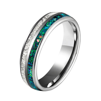 Wolframcarbid-Ring mit Sternenstaub-Silberfolie & Opaleinlage – 6 mm, unisex, gravurfähig