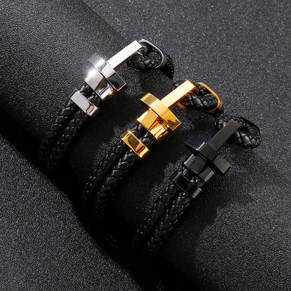 Stainless steel bracelet for men – stylish leather braid with geometric clasp