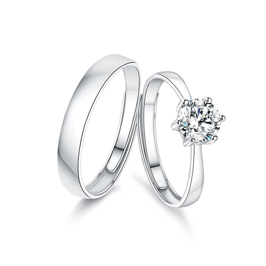 S925 Sterling Silver Couple Rings (6-Prong) - Rhodium-plated white gold look, adjustable &amp; with cubic zirconia