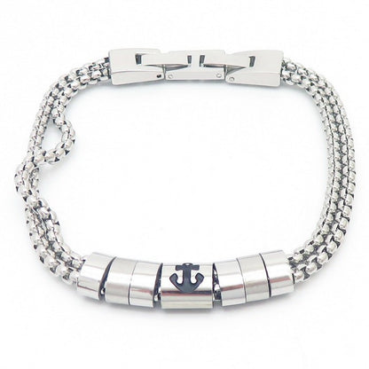 Stainless steel bracelet for men with maritime motifs - anchor, steering wheel, tree of life and stars in 2-layer design