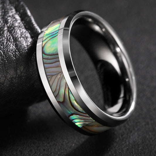 Robuster Wolframring mit einzigartigem Camouflage-Perlmutt
