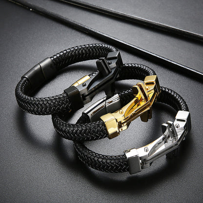 Men's stainless steel bracelet with cross pendant and leather braiding | Hypoallergenic