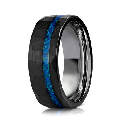 PIOWNN® 8mm Wolframcarbid Ring - Gehämmertes Design mit blauem Zirkonia
