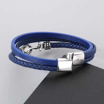 Maritime leather bracelet with stainless steel anchor charm – multi-layered hand-braided