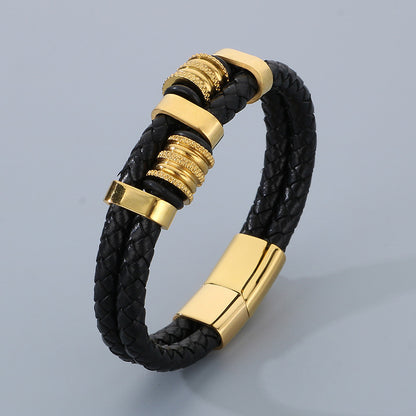 Multi-layered leather braided bracelet made of stainless steel – retro punk design with magnetic clasp