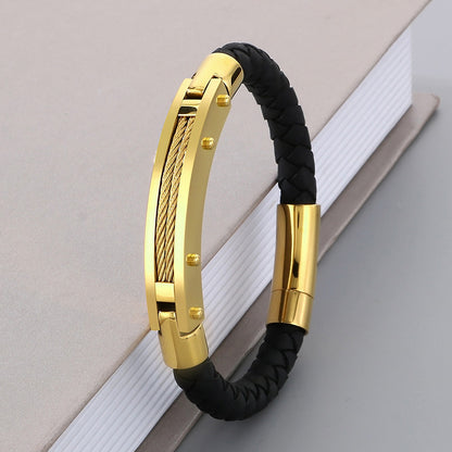 Fashionable men's bracelet made of stainless steel &amp; braided leather - With fiber or steel wire inlays