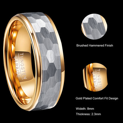 Herrenring aus Wolframcarbid in Silber-Grau matt mit sechseckigem Facettenschliff & goldener Innenseite – 8 mm, gravurfähig