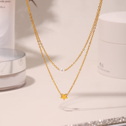 Star double chain with imitation pearls – 18K gold-plated stainless steel or silver look for stylish layering