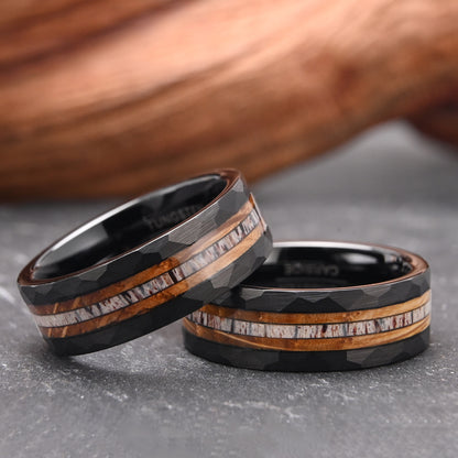 PIOWNN 8mm Wolframcarbid Ring - Schwarz beschichtet mit Hirschhorn