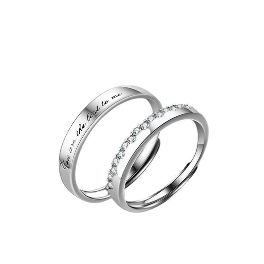 S925 Sterling Silver 'You Are The Best To Me' Couple Rings - Adjustable Size, Rhodium-plated White Gold Finish with Sparkling Zirconia Stones