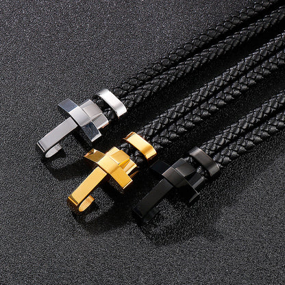 Stainless steel bracelet for men – stylish leather braid with geometric clasp