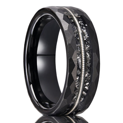 PIOWNN® 8mm Wolframcarbid Ring - Schwarz mit Meteorit & Gitarrensaiten, kratzfester Musiker-Schmuck