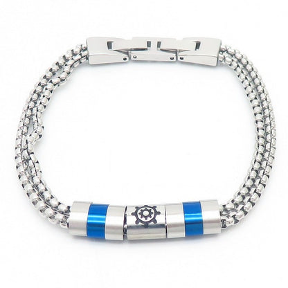 Stainless steel bracelet for men with maritime motifs - anchor, steering wheel, tree of life and stars in 2-layer design