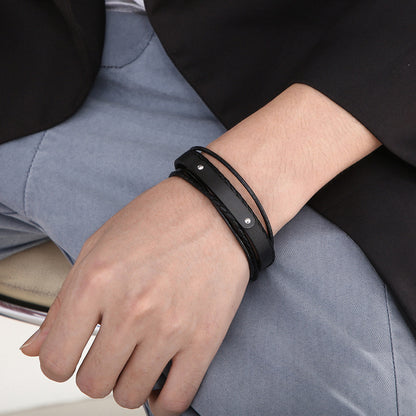 Multi-layered leather bracelet with stainless steel &amp; magnetic plate – hand-woven unique jewelry