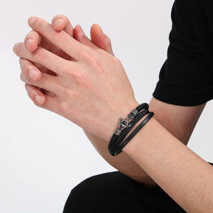 Maritime leather bracelet with stainless steel anchor charm – multi-layered hand-braided