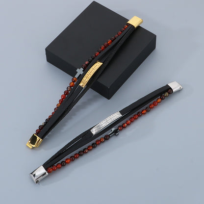 Vintage leather bracelet for men with titanium steel cross &amp; agate beads – multi-layer braided