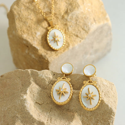 White shell star pendant set with zirconia | Stainless steel jewelry in 18K gold or high-gloss silver - Includes ear studs
