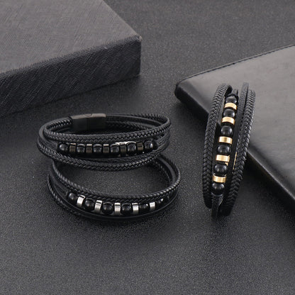 Multi-layered black leather bracelet with stainless steel accents – Hand-woven unique jewelry