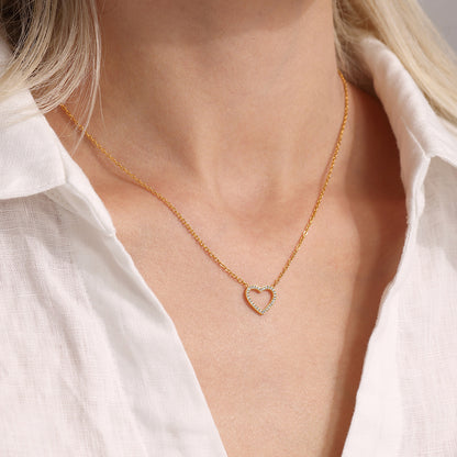 Double chain set: heart pendant with zirconia &amp; cross chain with steel beads – 18K gold-plated or silver stainless steel