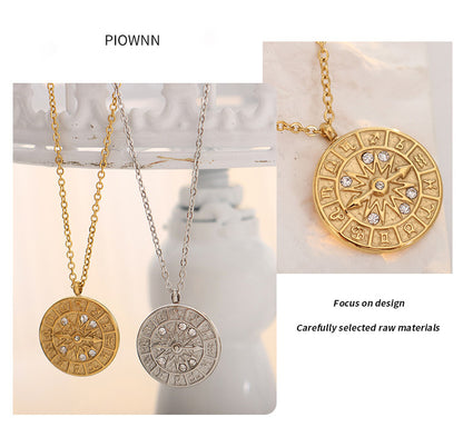 Retro medal pendant with zirconia &amp; relief dial – stainless steel chain in gold or silver