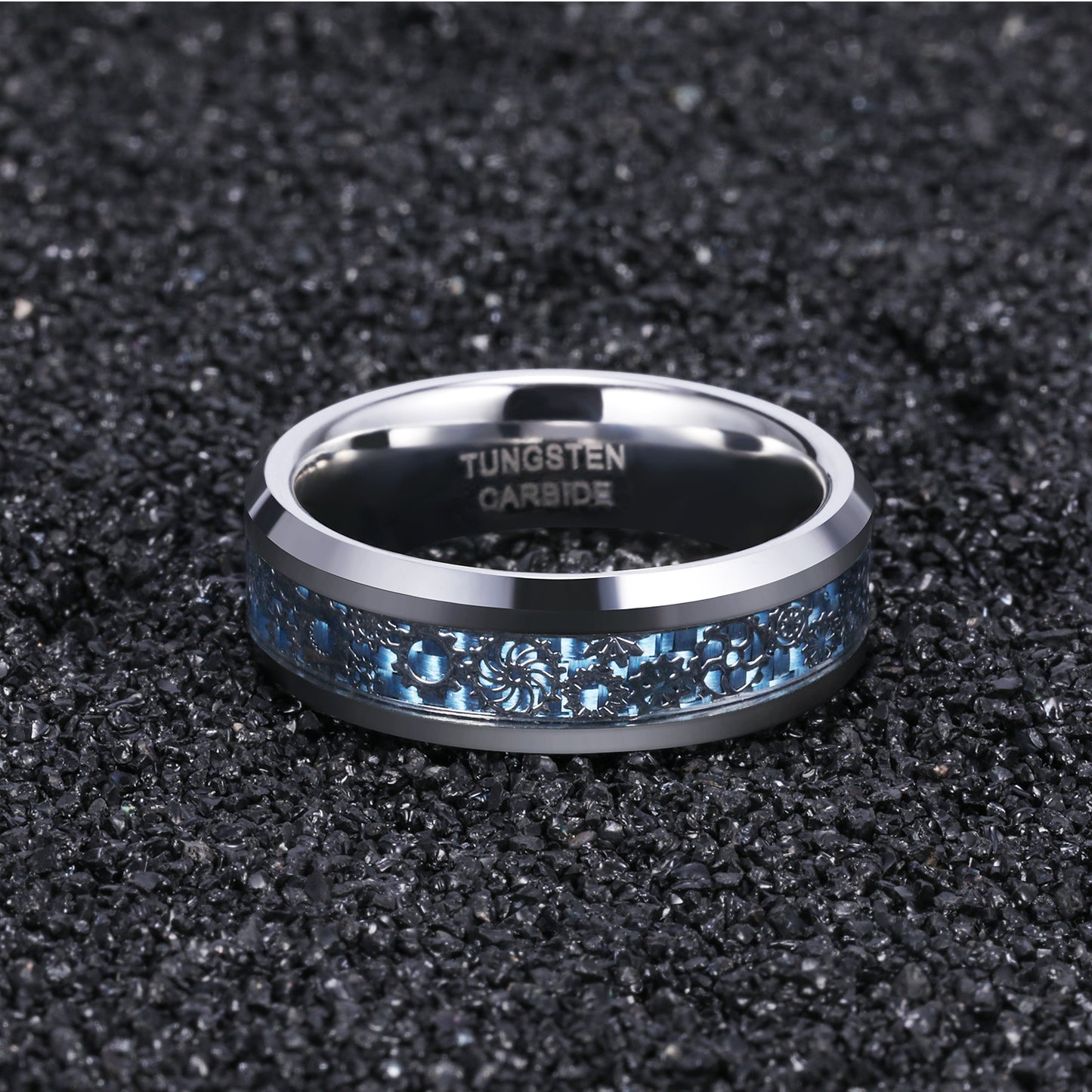 Wolframring mit blauer Kohlefaser-Einlage und Zahnraddesign