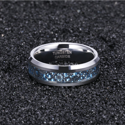 Wolframring mit blauer Kohlefaser-Einlage und Zahnraddesign