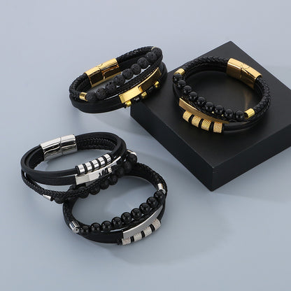 Vintage leather bracelet for men with volcanic stone &amp; magnetic plate – multi-layer microfiber braiding