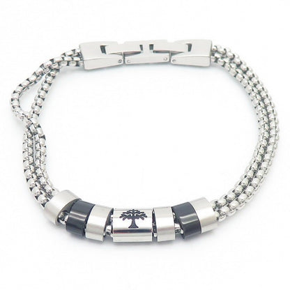 Stainless steel bracelet for men with maritime motifs - anchor, steering wheel, tree of life and stars in 2-layer design