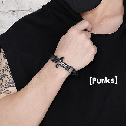 Men's stainless steel bracelet with cross pendant and leather braiding | Hypoallergenic