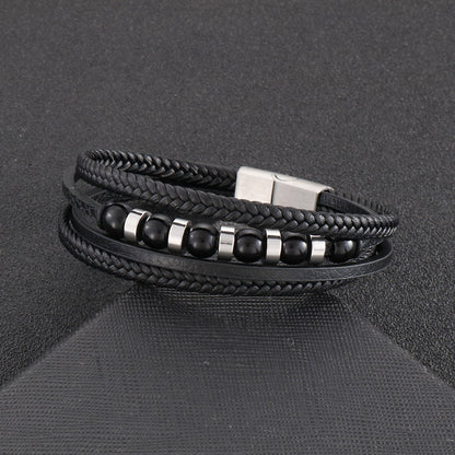 Multi-layered black leather bracelet with stainless steel accents – Hand-woven unique jewelry
