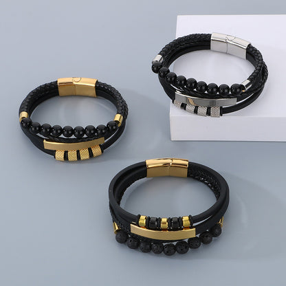 Vintage leather bracelet for men with volcanic stone &amp; magnetic plate – multi-layer microfiber braiding