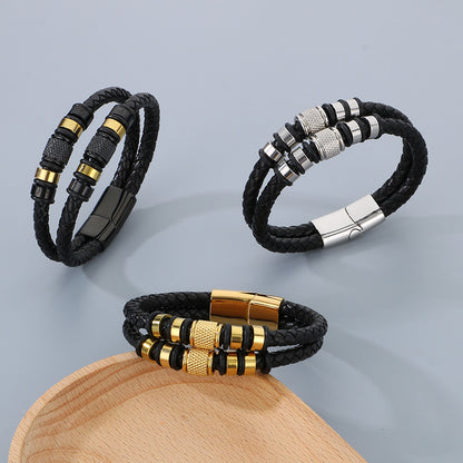 Multi-layered leather braided bracelet made of stainless steel – retro punk design with magnetic clasp