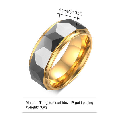 Wolframcarbid-Ring mit Facettenschliff und Goldakzent – Gravurfähiger Herrenring, ideales Geschenk