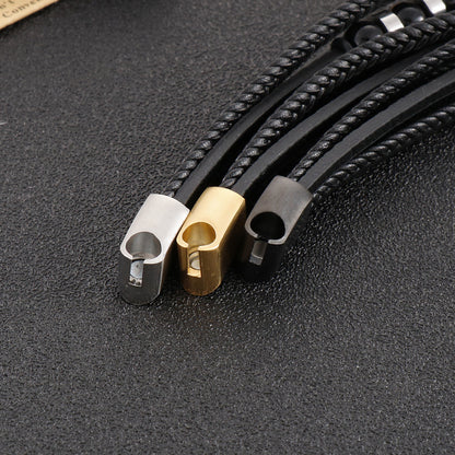 Multi-layered black leather bracelet with stainless steel accents – Hand-woven unique jewelry