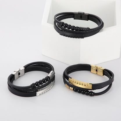 Multi-layer braided leather bracelet with stainless steel &amp; geometric beads – Handmade unique jewelry