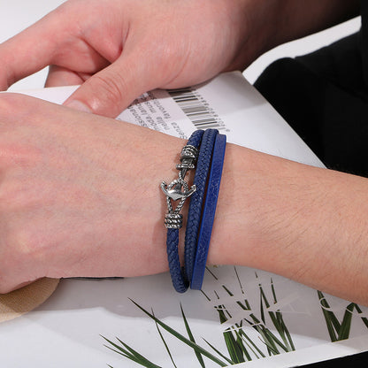 Maritime leather bracelet with stainless steel anchor charm – multi-layered hand-braided