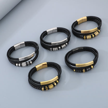 Men's titanium steel bracelet - multi-layer leather braid with curved stainless steel sheet and magnetic clasp