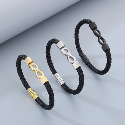 Personalized leather bracelet for men with stainless steel &amp; infinity symbol