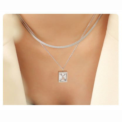 Zirconia cube pendant with double chain | Titanium steel jewelry in 18K gold or high-gloss silver - Stackable statement