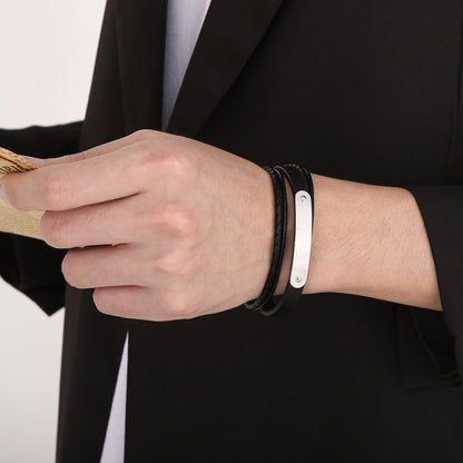 Multi-layered leather bracelet with stainless steel &amp; magnetic plate – hand-woven unique jewelry