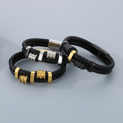 Multi-layered leather braided bracelet made of stainless steel – retro punk design with magnetic clasp