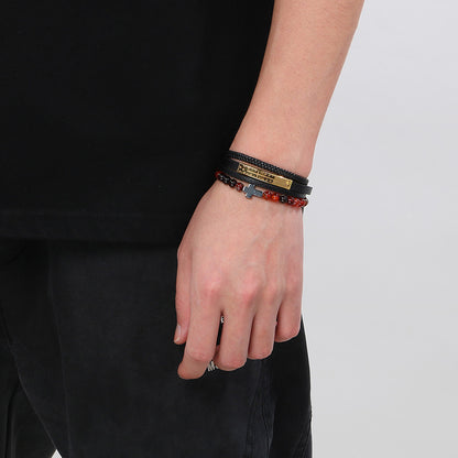 Vintage leather bracelet for men with titanium steel cross &amp; agate beads – multi-layer braided