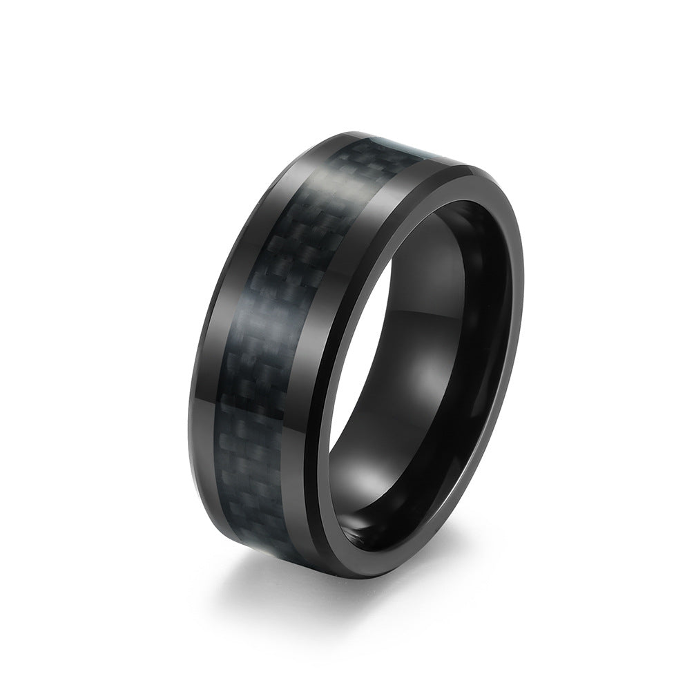 Schwarzer Wolframkarbid Ring mit Carbon-Einsatz - Reiner Schwarz Männerring - 8mm Kratzfester Ehering - Moderner Männerschmuck